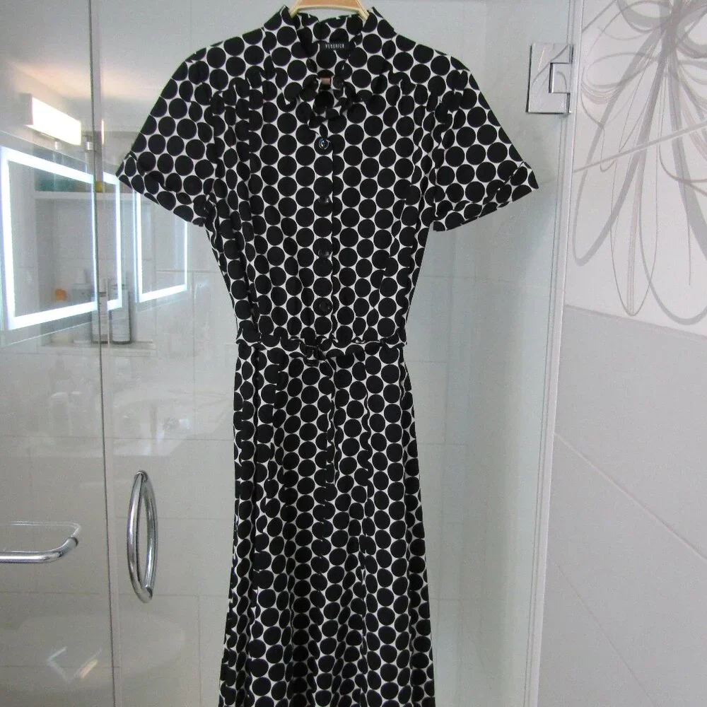 PESERICO Italy Black & White Polka Dotted Cotton Dress & Belt--Size 46/10 - Picture 1 of 5